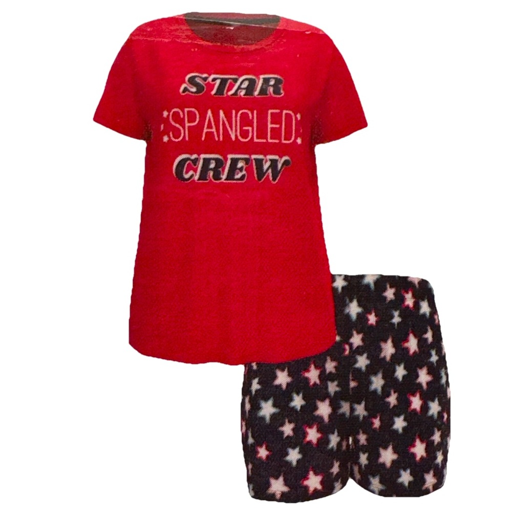 NWT CELEBRATE Red White Blue STAR SPANGLED CREW 2 Pc Shorts Pajama Set Sz S 4 6